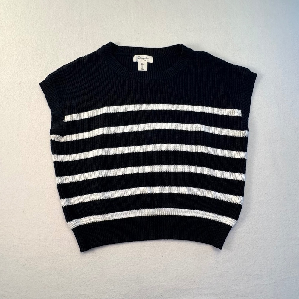 Jessica Simpson Sweater Cap Sleeve Womens Large Black White Striped‎ Ribbed Knit